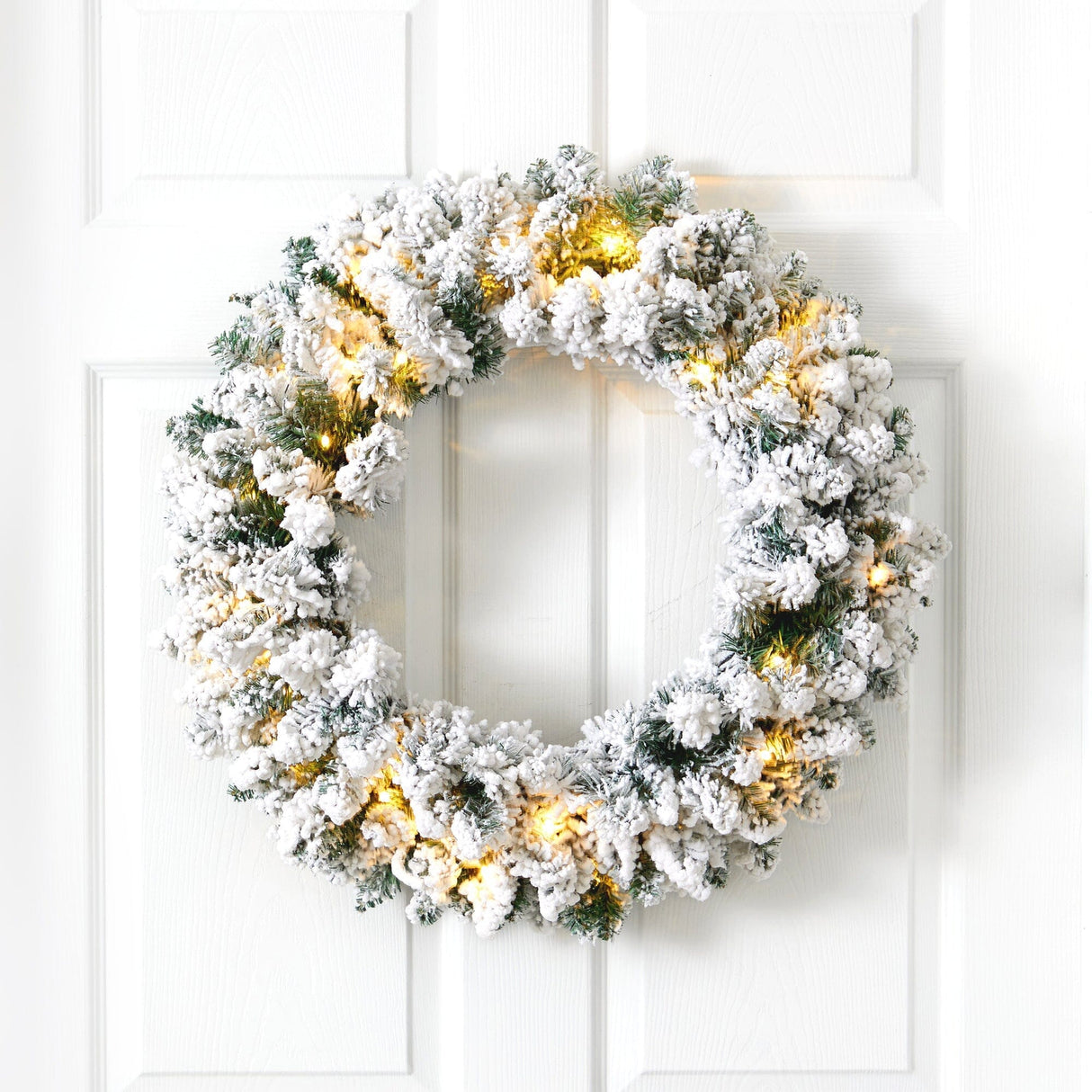 24” Flocked Artificial Christmas Wreath with 160 Bendable Branches and 35 Warm White LED Lights-Wreath-Parc Decor