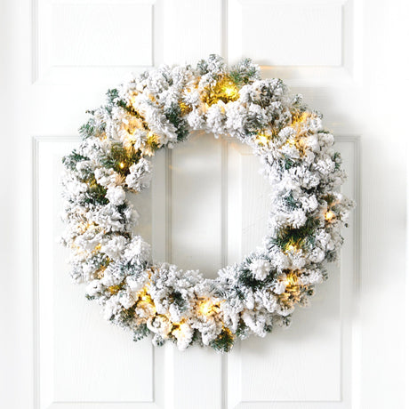 24” Flocked Artificial Christmas Wreath with 160 Bendable Branches and 35 Warm White LED Lights-Wreath-Parc Decor