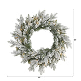 24” Flocked Artificial Christmas Wreath with 50 LED Lights-Wreath-Parc Decor