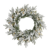 24” Flocked Artificial Christmas Wreath with 50 LED Lights-Wreath-Parc Decor