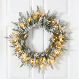 24” Flocked Artificial Christmas Wreath with 50 LED Lights-Wreath-Parc Decor