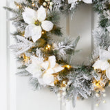 24” Flocked Poinsettia and Pine Artificial Christmas Wreath with 50 Warm White LED Lights-Wreath-Parc Decor
