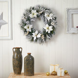 24” Flocked Poinsettia and Pine Artificial Christmas Wreath with 50 Warm White LED Lights-Wreath-Parc Decor