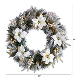 24” Flocked Poinsettia and Pine Artificial Christmas Wreath with 50 Warm White LED Lights-Wreath-Parc Decor