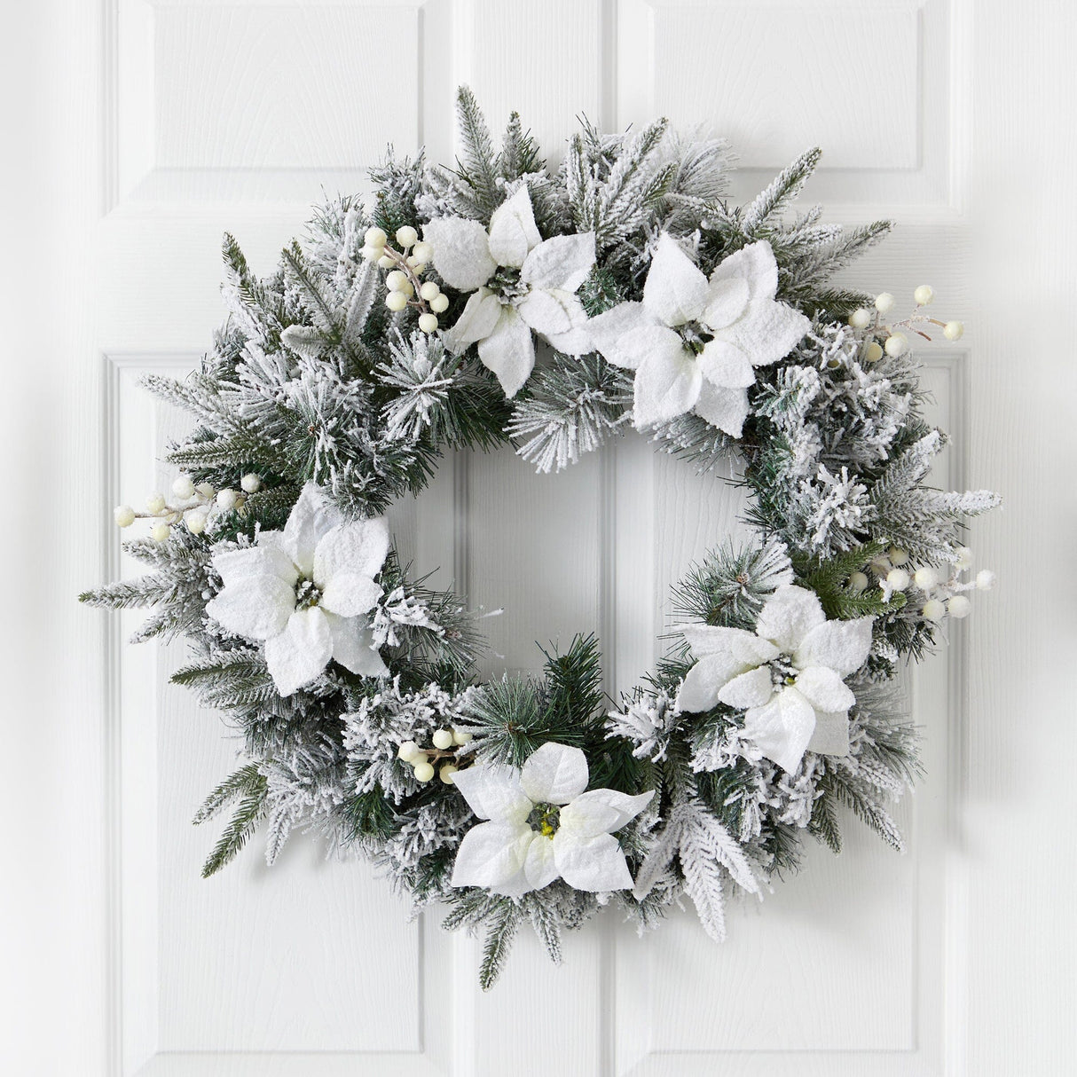24” Flocked Poinsettia and Pine Artificial Christmas Wreath with 50 Warm White LED Lights-Wreath-Parc Decor