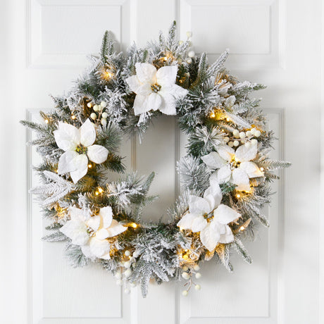 24” Flocked Poinsettia and Pine Artificial Christmas Wreath with 50 Warm White LED Lights-Wreath-Parc Decor