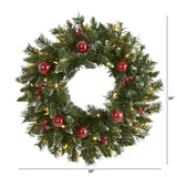 24” Frosted Artificial Christmas Wreath with 50 Warm White LED Lights, Ornaments and Berries-Wreath-Parc Decor