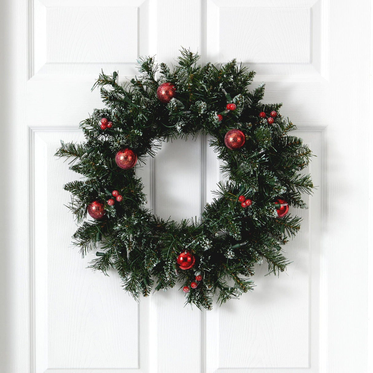 24” Frosted Artificial Christmas Wreath with 50 Warm White LED Lights, Ornaments and Berries-Wreath-Parc Decor
