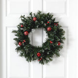 24” Frosted Artificial Christmas Wreath with 50 Warm White LED Lights, Ornaments and Berries-Wreath-Parc Decor