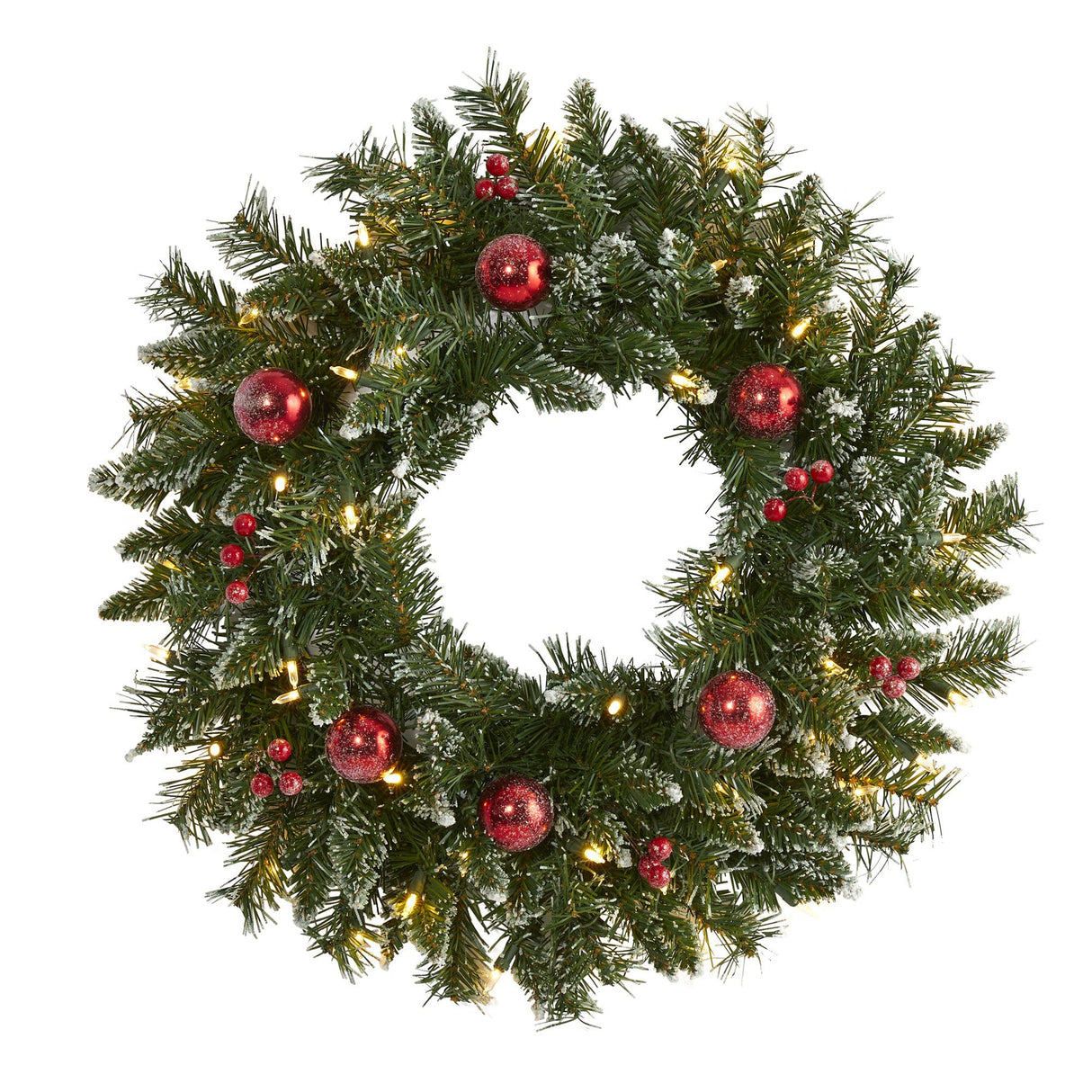 24” Frosted Artificial Christmas Wreath with 50 Warm White LED Lights, Ornaments and Berries-Wreath-Parc Decor