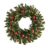24” Frosted Artificial Christmas Wreath with 50 Warm White LED Lights, Ornaments and Berries-Wreath-Parc Decor