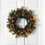 24” Frosted Artificial Christmas Wreath with 50 Warm White LED Lights, Ornaments and Berries-Wreath-Parc Decor