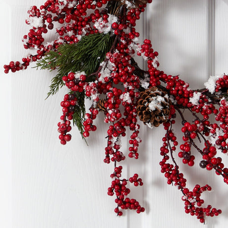24” Frosted Cypress Artificial Wreath with Berries and Pine Cones-Wreath-Parc Decor