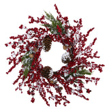 24” Frosted Cypress Artificial Wreath with Berries and Pine Cones-Wreath-Parc Decor