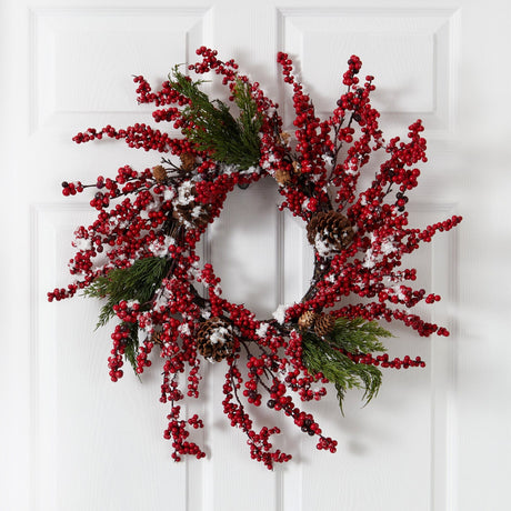 24” Frosted Cypress Artificial Wreath with Berries and Pine Cones-Wreath-Parc Decor