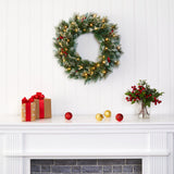 24” Frosted Swiss Pine Artificial Wreath with 35 Clear LED Lights and Berries-Wreath-Parc Decor