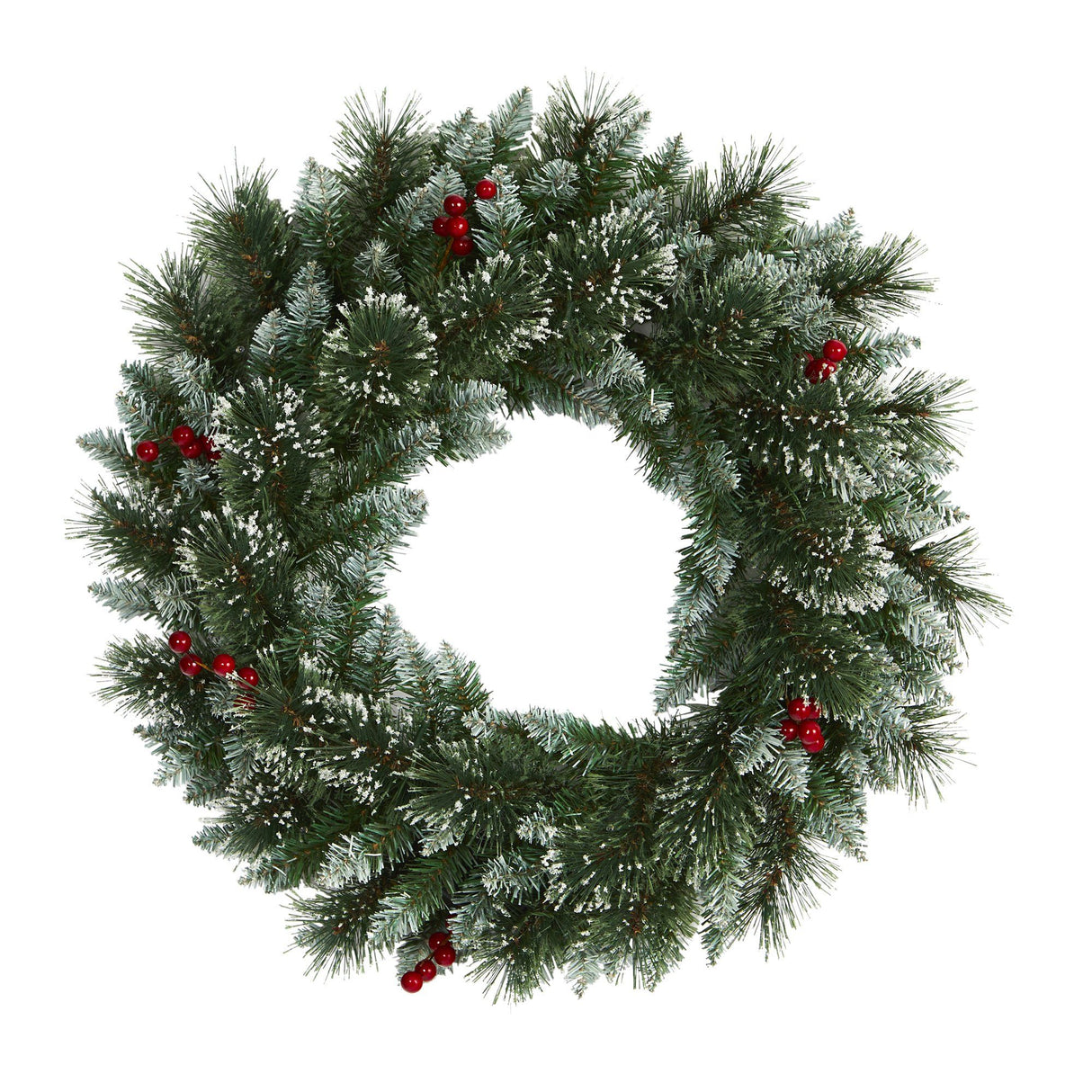 24” Frosted Swiss Pine Artificial Wreath with 35 Clear LED Lights and Berries-Wreath-Parc Decor