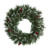 24” Frosted Swiss Pine Artificial Wreath with 35 Clear LED Lights and Berries-Wreath-Parc Decor