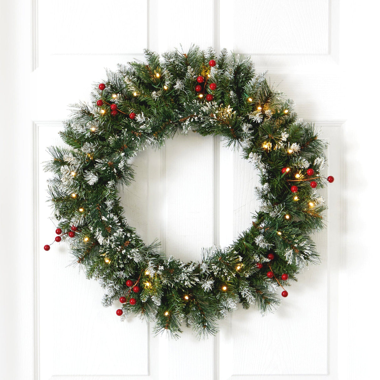 24” Frosted Swiss Pine Artificial Wreath with 35 Clear LED Lights and Berries-Wreath-Parc Decor