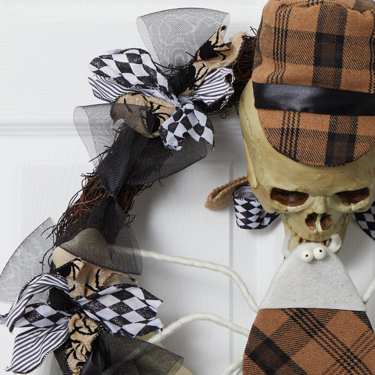 24” Halloween Skull in Plaid Mesh Wreath-Wreath-Parc Decor