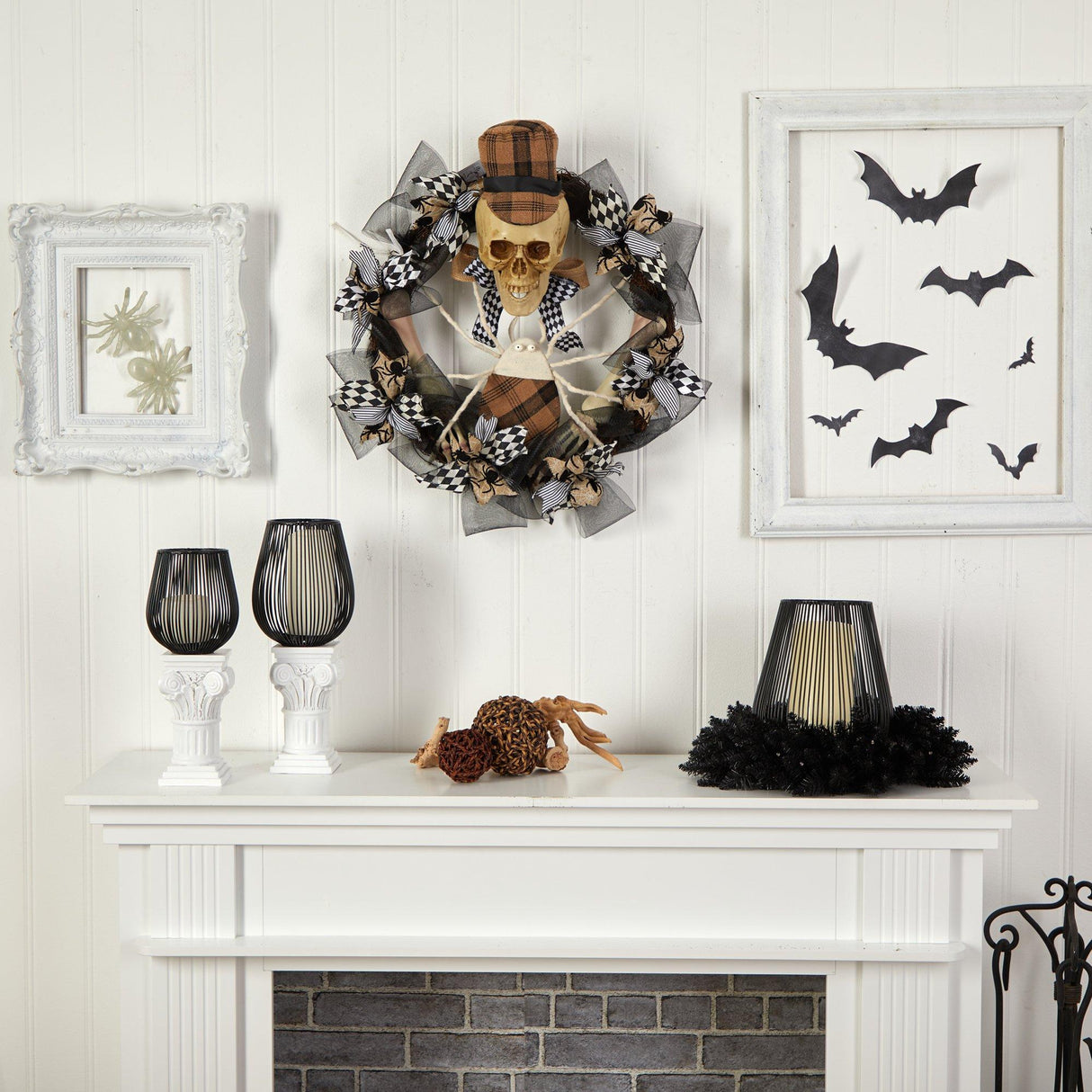 24” Halloween Skull in Plaid Mesh Wreath-Wreath-Parc Decor