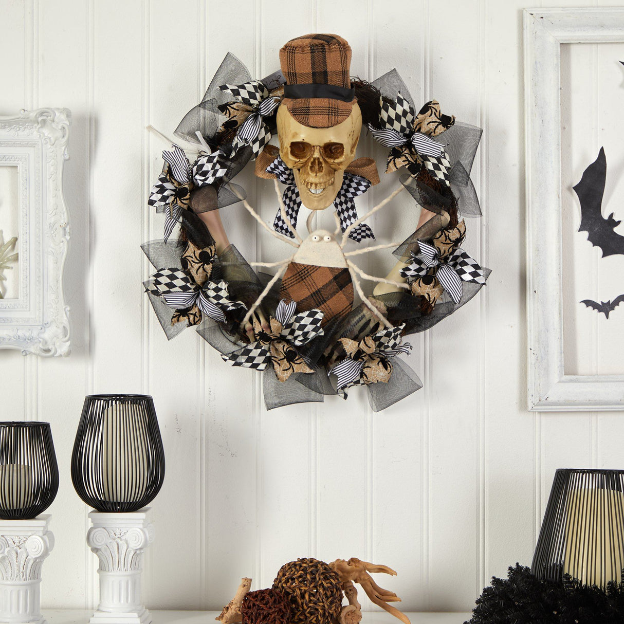24” Halloween Skull in Plaid Mesh Wreath-Wreath-Parc Decor