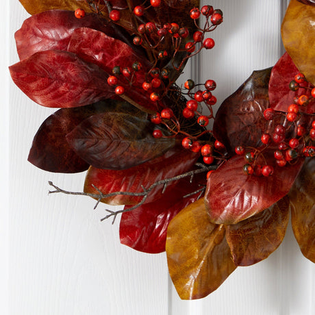 24” Harvest Magnolia Leaf and Berries Artificial Wreath-Wreath-Parc Decor