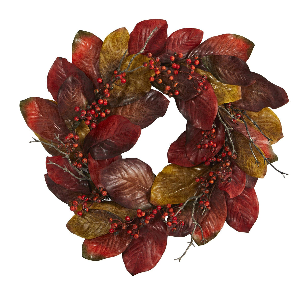 24” Harvest Magnolia Leaf and Berries Artificial Wreath-Wreath-Parc Decor