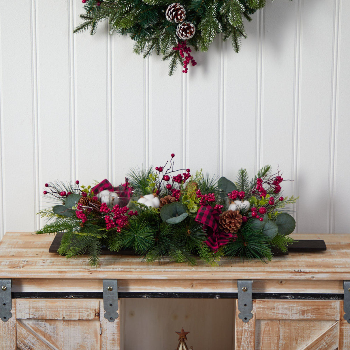 24” Holiday Berries, Pinecones and Eucalyptus Cutting Board Wall Décor or Table Arrangement-Arrangement-Parc Decor