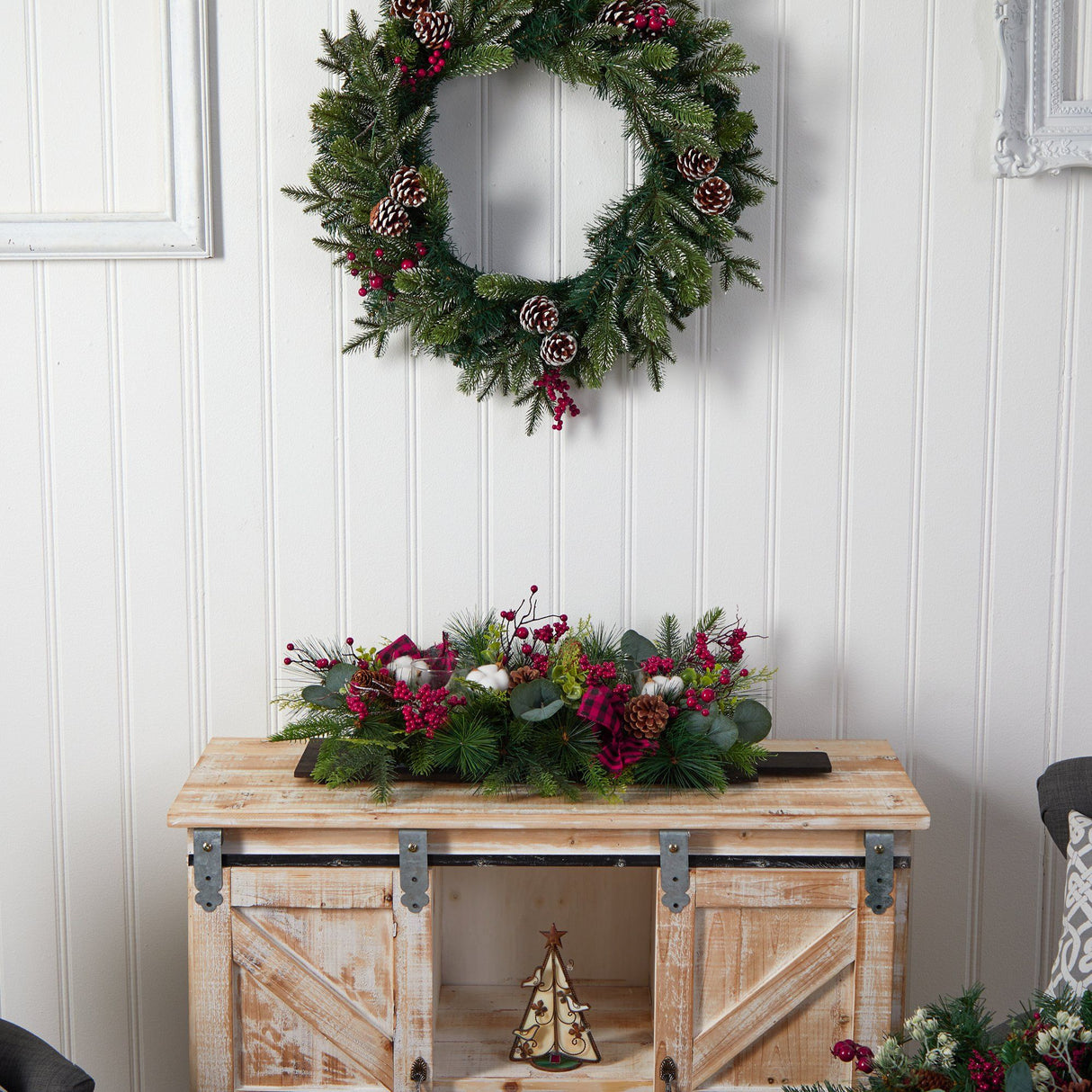 24” Holiday Berries, Pinecones and Eucalyptus Cutting Board Wall Décor or Table Arrangement-Arrangement-Parc Decor