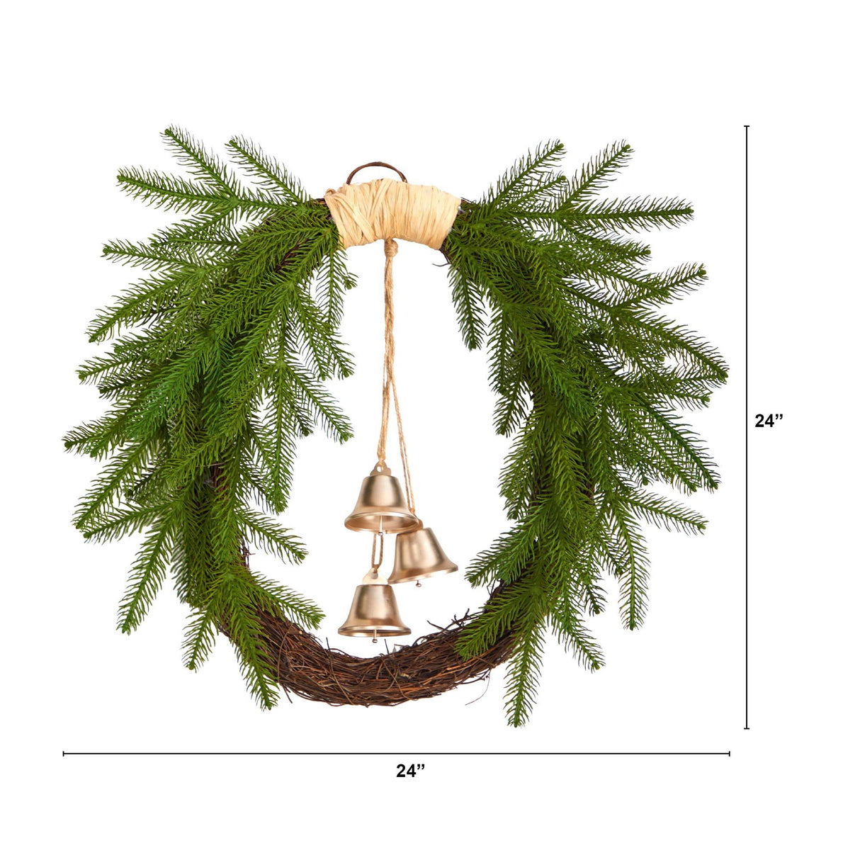 24” Holiday Christmas Pine and Bells Wreath-Wreath-Parc Decor