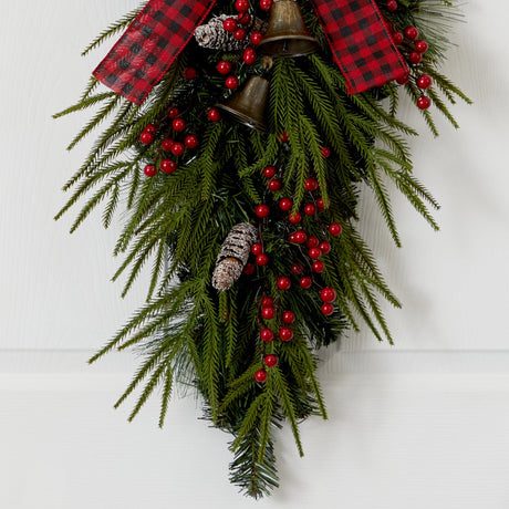 24” Holiday Christmas Pine Cones, Berry and Bells Teardrop-Teardrop-Parc Decor