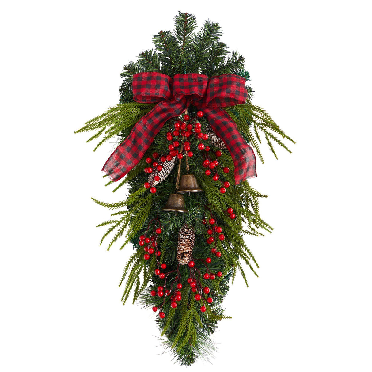 24” Holiday Christmas Pine Cones, Berry and Bells Teardrop-Teardrop-Parc Decor