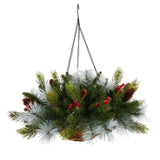 24" Holiday Pre-Lit (30 LED Lights) Pine and Berries Hanging Basket"-Hanging-Parc Decor