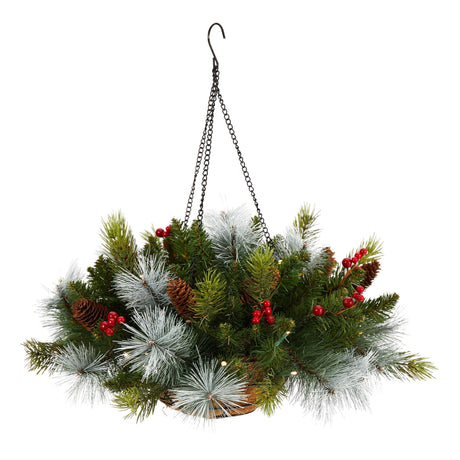 24" Holiday Pre-Lit (30 LED Lights) Pine and Berries Hanging Basket"-Hanging-Parc Decor