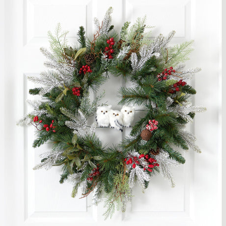 24” Holiday Winter Owl Family Pinecone Berry Christmas Artificial Wreath-Wreath-Parc Decor