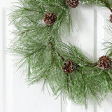 24” Iced Pine Artificial Wreath with Pine Cones-Wreath-Parc Decor