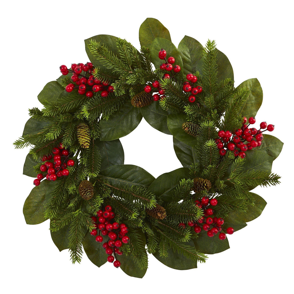 24” Magnolia Leaf, Berry and Pine Artificial Wreath-Wreath-Parc Decor
