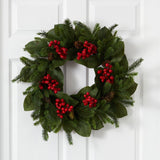 24” Magnolia Leaf, Berry and Pine Artificial Wreath-Wreath-Parc Decor