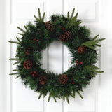 24” Mixed Pine Artificial Christmas Wreath with 35 Clear LED Lights and Berries-Wreath-Parc Decor