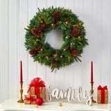 24” Mixed Pine Artificial Christmas Wreath with 35 Clear LED Lights and Berries-Wreath-Parc Decor