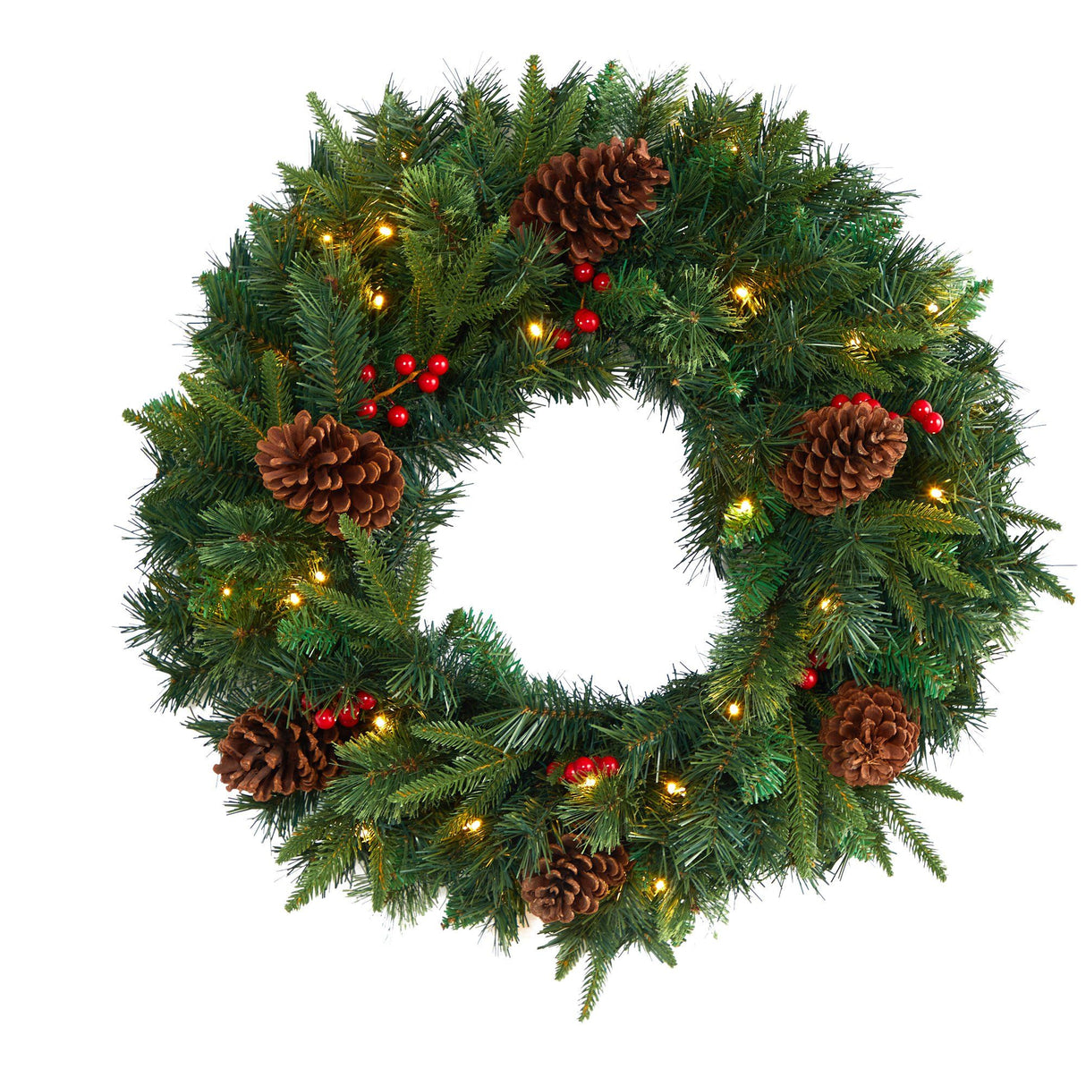 24” Mixed Pine Artificial Christmas Wreath with 35 Clear LED Lights and Berries-Wreath-Parc Decor