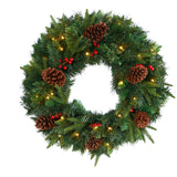 24” Mixed Pine Artificial Christmas Wreath with 35 Clear LED Lights and Berries-Wreath-Parc Decor
