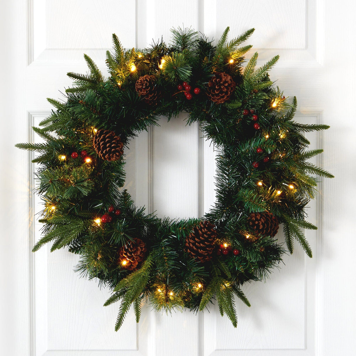 24” Mixed Pine Artificial Christmas Wreath with 35 Clear LED Lights and Berries-Wreath-Parc Decor