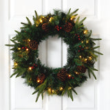 24” Mixed Pine Artificial Christmas Wreath with 35 Clear LED Lights and Berries-Wreath-Parc Decor