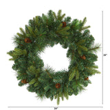24” Mixed Pine Artificial Christmas Wreath with 35 Clear LED Lights and Pinecones-Wreath-Parc Decor