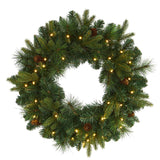 24” Mixed Pine Artificial Christmas Wreath with 35 Clear LED Lights and Pinecones-Wreath-Parc Decor