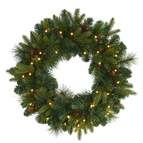 24” Mixed Pine Artificial Christmas Wreath with 35 Clear LED Lights and Pinecones-Wreath-Parc Decor