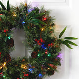 24” Mixed Pine Artificial Christmas Wreath with 50 Multicolored LED Lights, Berries and Pine Cones-Wreath-Parc Decor