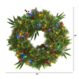 24” Mixed Pine Artificial Christmas Wreath with 50 Multicolored LED Lights, Berries and Pine Cones-Wreath-Parc Decor